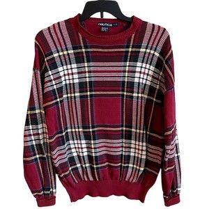 VTG '90s Nautica Men Plaid Sweater SZ L Algodon Cotton Red Cream Black Yellow